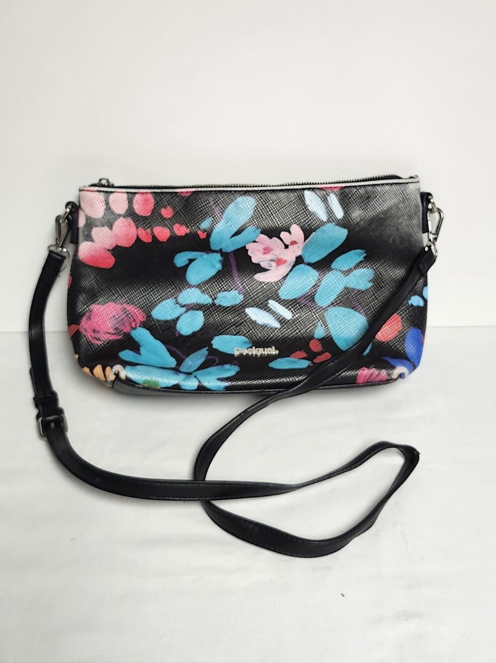 Desigual Black Crossbody with Blue & Pink Floral Accents